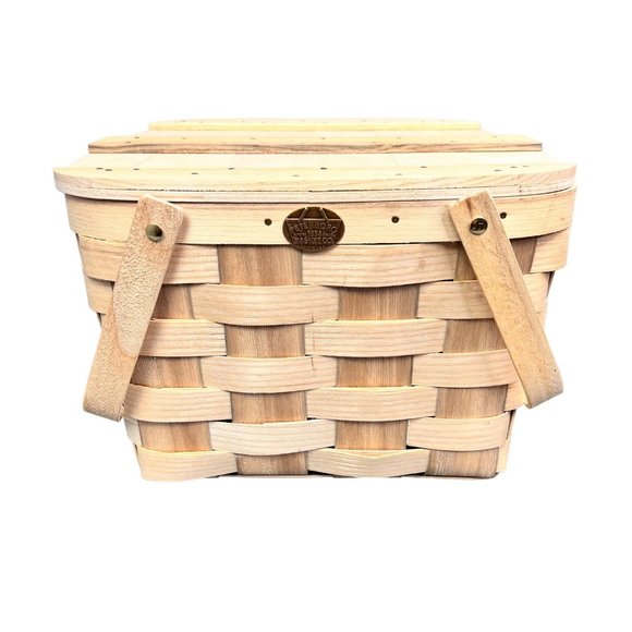 Peterboro Picnic Basket Natural Wood Riser Inside Woven Double Handles Logo - Picture 5 of 11